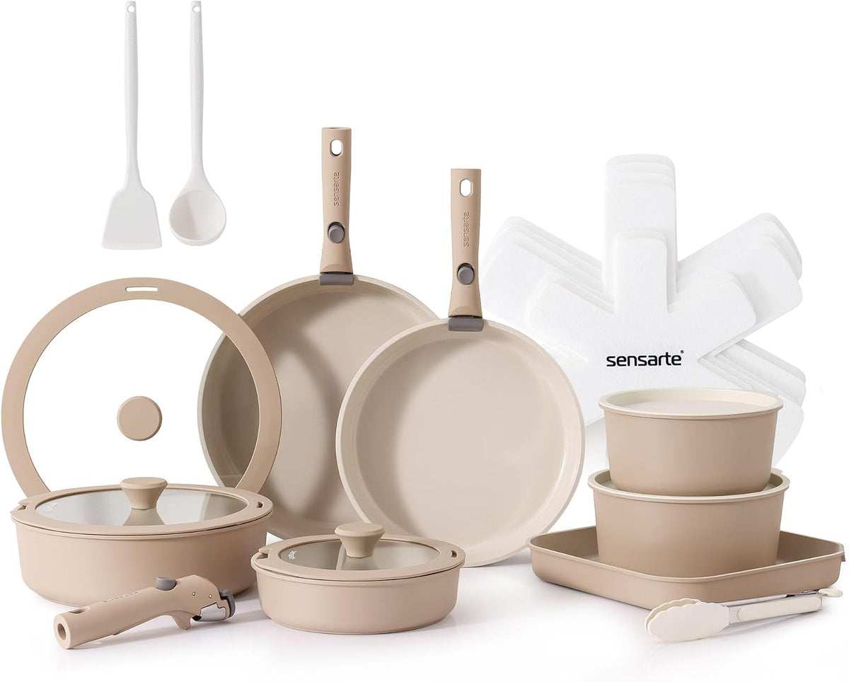 SENSARTE 24 Piece Ceramic Pots and Pans Set, Nonstick Detachable Handle Cookware