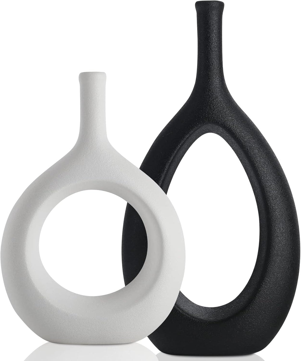 Black and White Ceramic Hollow Elliptical Vase Set of 2 - Boho Circle Vase wi...