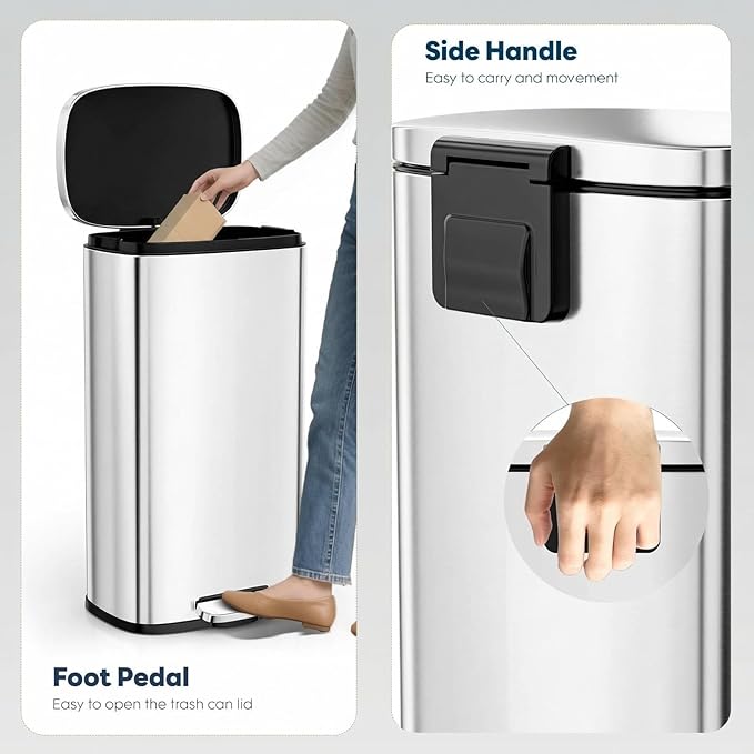 13.2 Gal Kitchen Trash Can, 50L Recycling or Garbage Bin, Brushed Stainless - Image 4