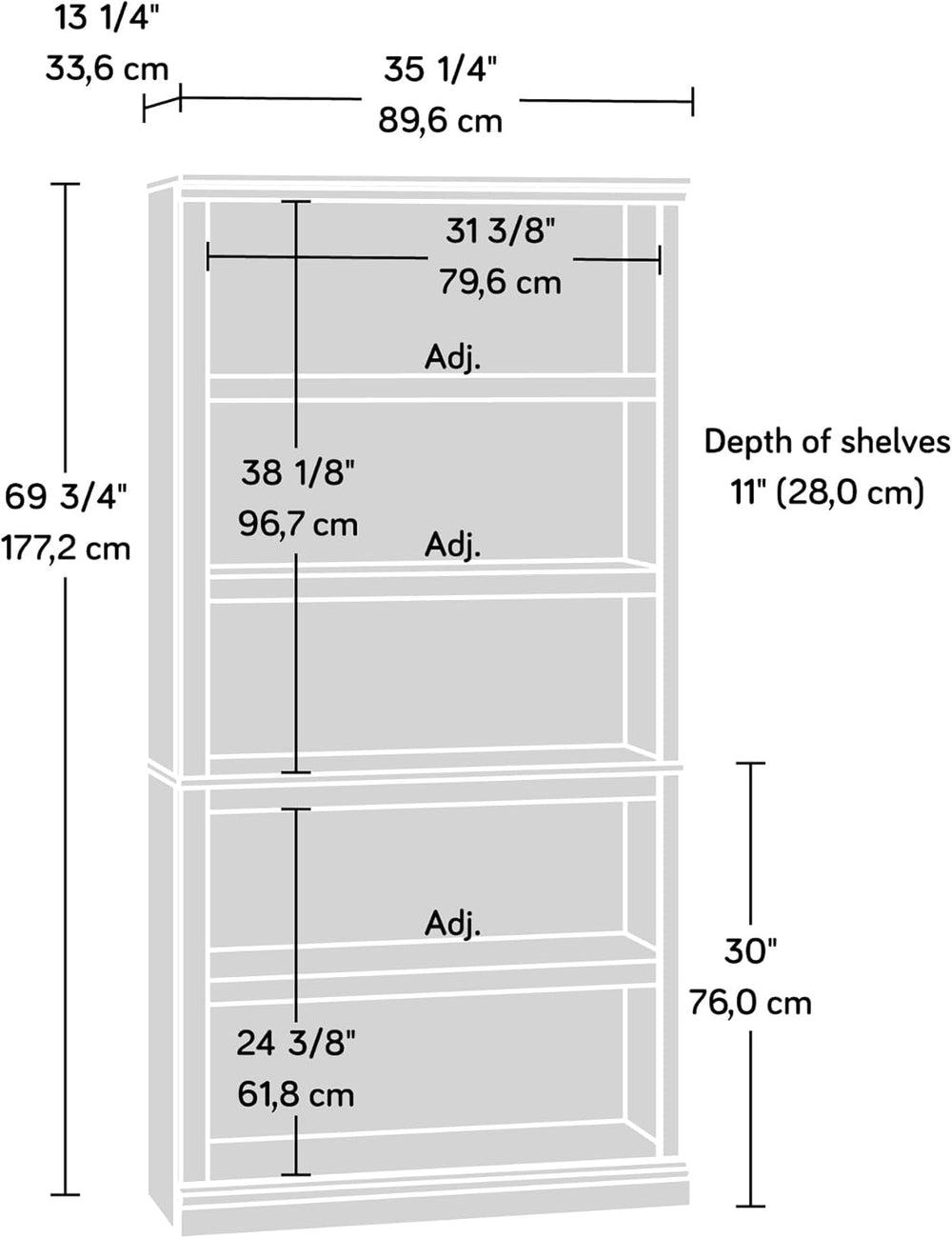 Sauder 5 Tier Book Shelf Wooden Bookcase Multipurpose Bookshelf for Home Offi...