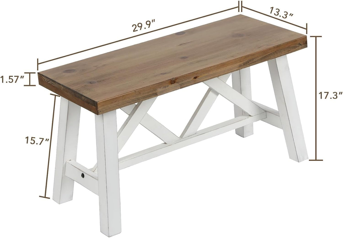 Wnutrees 30" Farmhouse Solid Wood Bench, Rustic Entryway Bench, White | Double X-Structure Dining Seat for End of Bed, Living Room, Hallway, Structural Stability, Rustic Decor