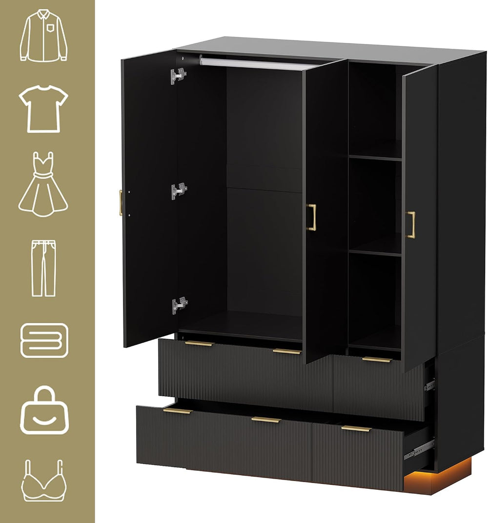 PAKASEPT Armoire Wardrobe Closet with 3 Door, Mirror, LED Lights