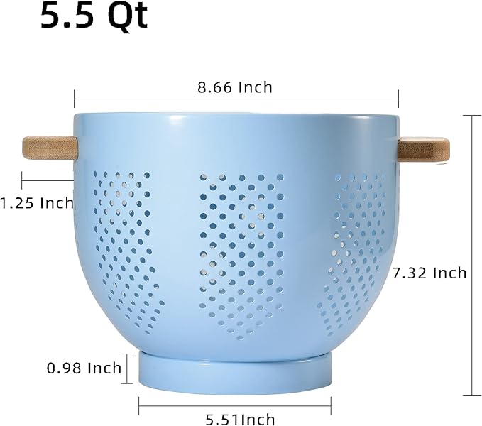 Metal Colander with Wood Handle and Stable Base, Powder Coated Steel Kitchen - Image 2
