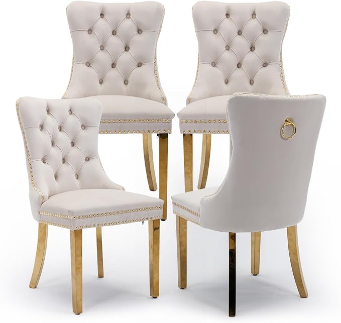 Velvet Upholstered Dining Chairs Set of 4, Modern Style Kitchen Side Chairs w...