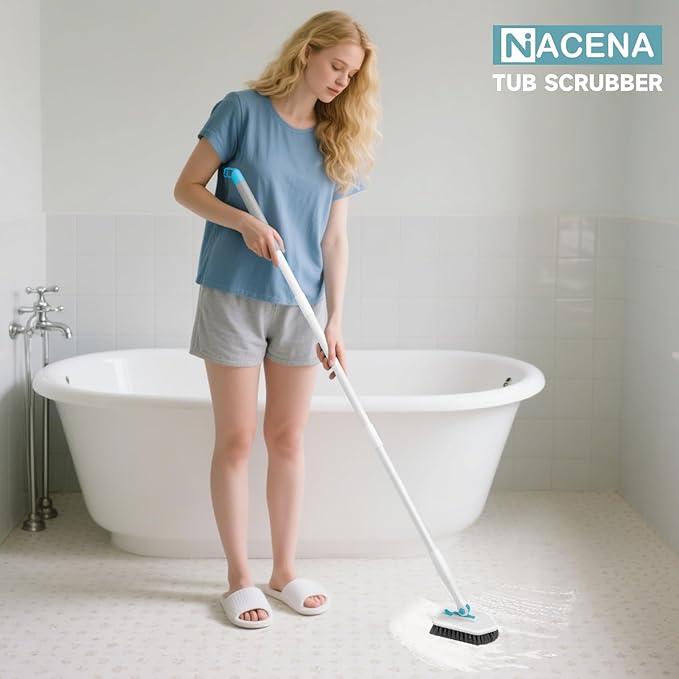 nacena Shower Scrubber with Long Handle, 3 in 1 Tile Tub Scrubber Brush with 3 - Image 7