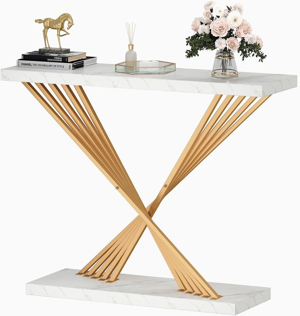 UNIQUITE 39.4 Inch Gold Console Table, White Faux Marble Modern Entryway Tabl...
