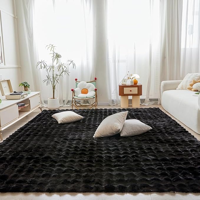 Black Rabbit Plush Rug 6'x9', Fluffy Faux Fur Shaggy Area Rug by CHOVY