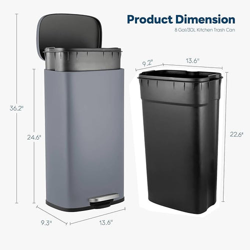8 Gal Kitchen Trash Can, 30L Recycling or Garbage Bin, Brushed Stainless Steel - Image 2