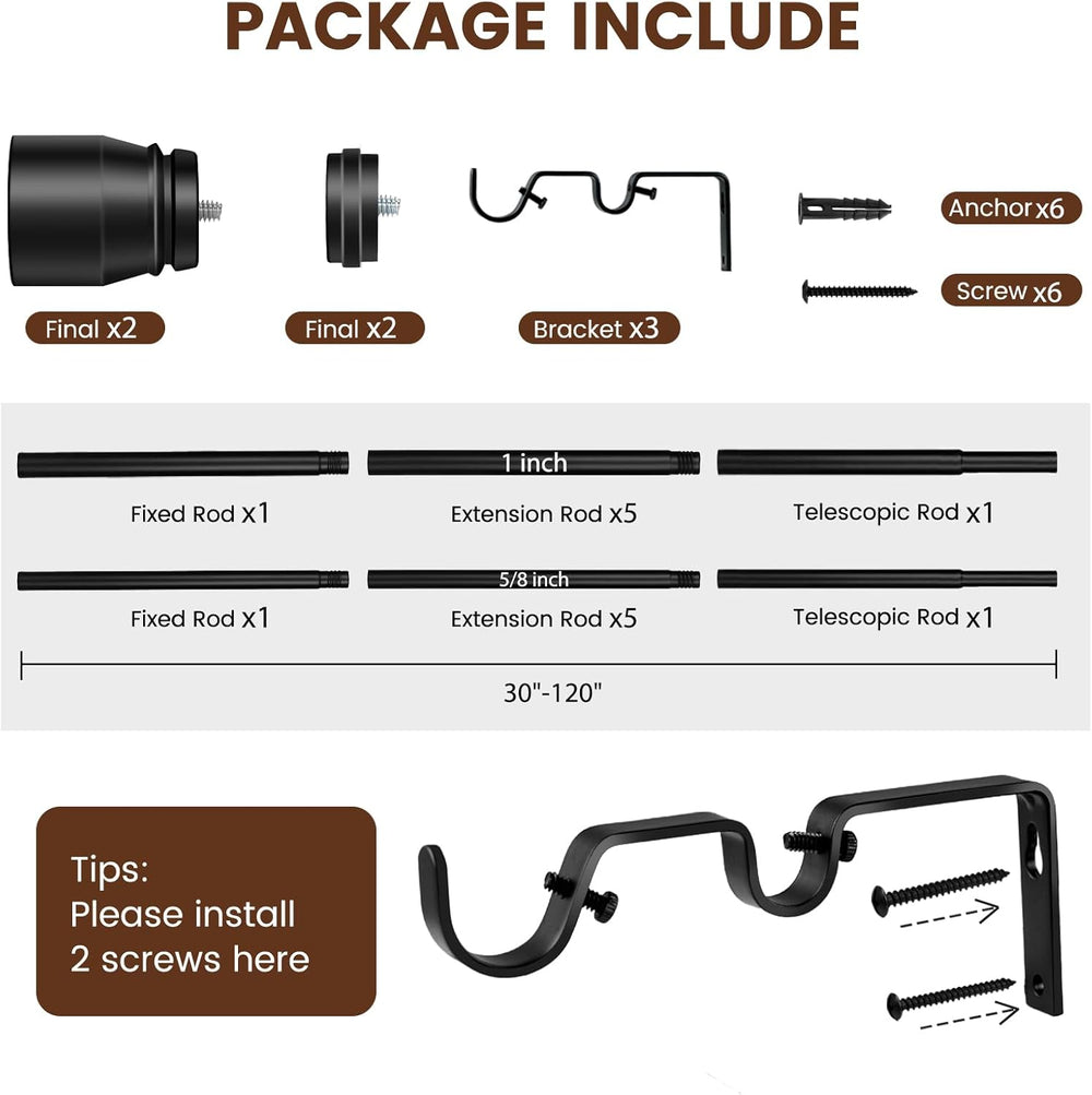 Heavy Duty Double Curtain Rod 84-120 Inch Length, 1 Inch Adjustable Matte Bla...