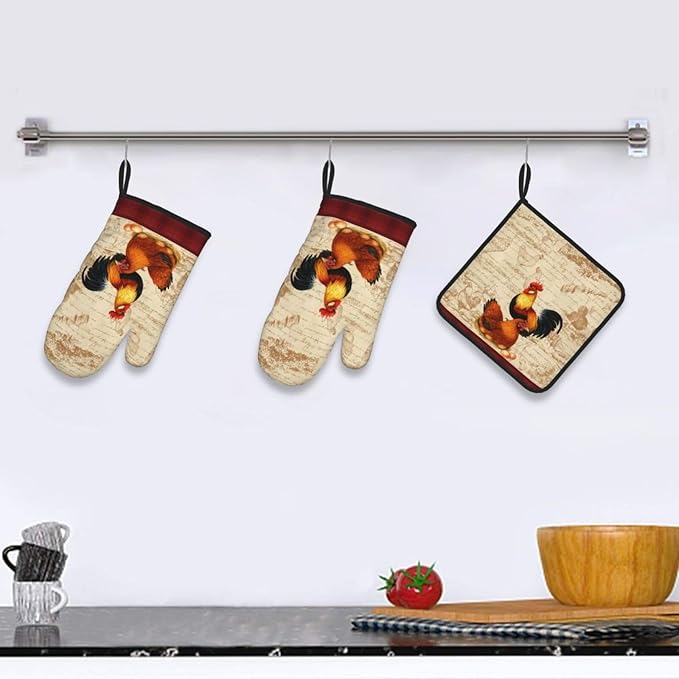 Retro Rustic Pot Holders and Oven Mitts Set of 3, Rooster Chicken Oven Gloves - Image 6