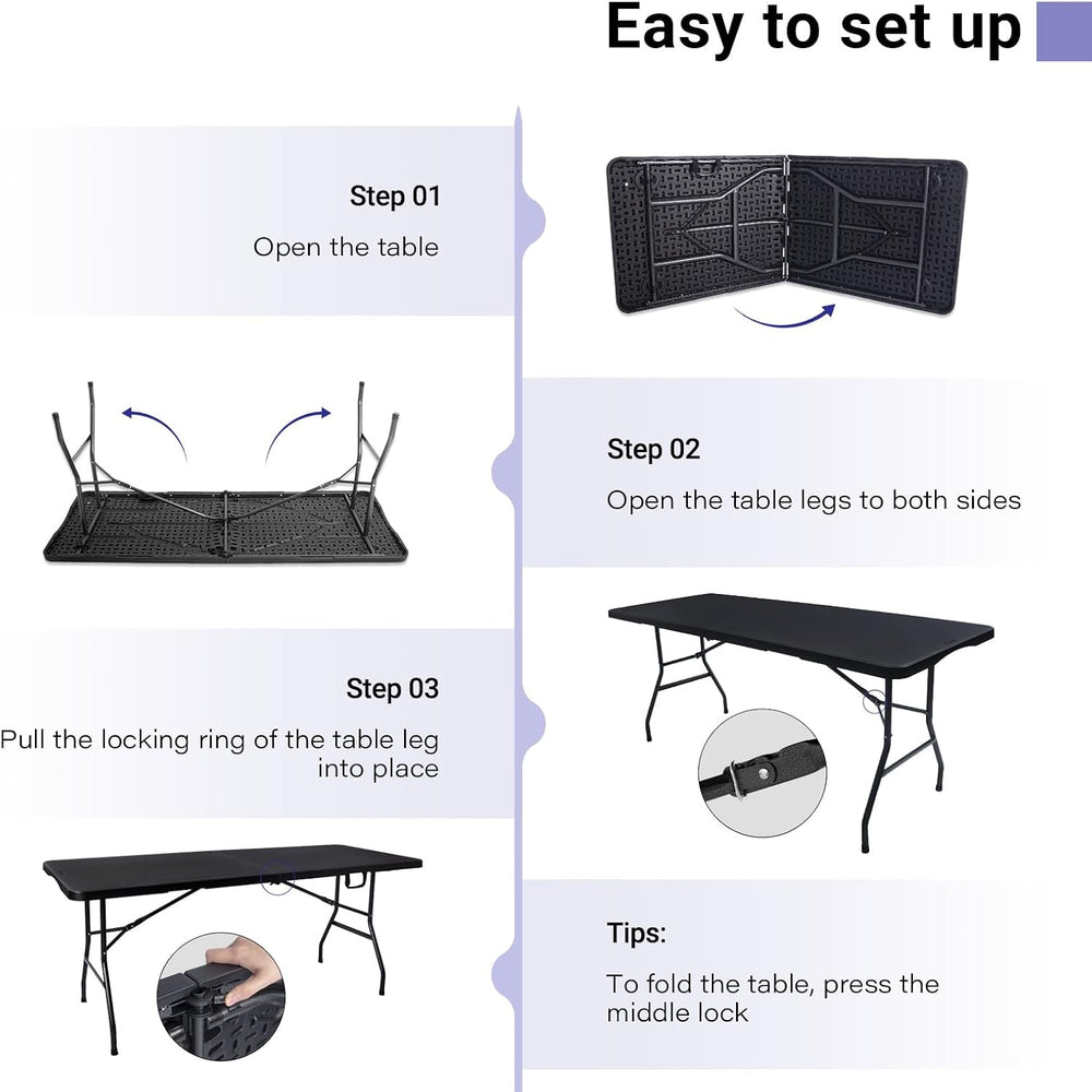 Folding Table 6ft, Heavy Duty Plastic Fold-in-Half Utility Table, Black | Por...