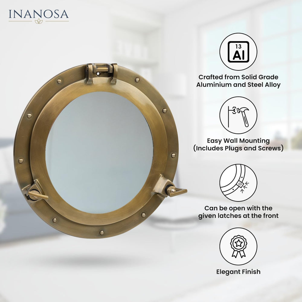 8 Inch Porthole Mirror – Small Round Nautical Wall Decor, Antique Brass Alumi...