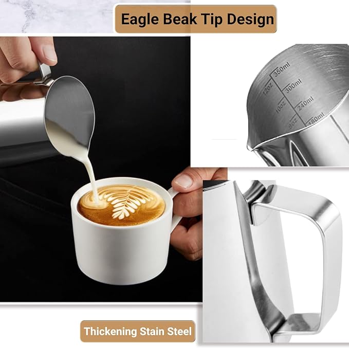 Milk Frothing Pitcher, 350ml/12oz Milk Frother Cup Stainless Steel Jug Steaming - Image 3