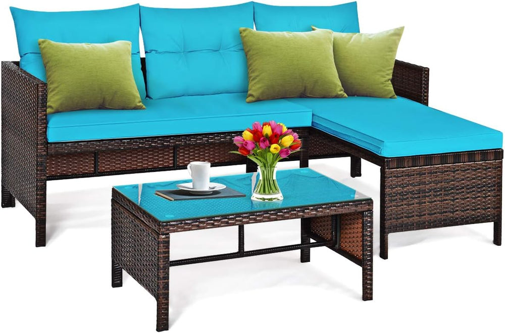 Tangkula Patio Corner Sofa Set 3 Piece, Outdoor Rattan Sofa Set, Includes Lou...
