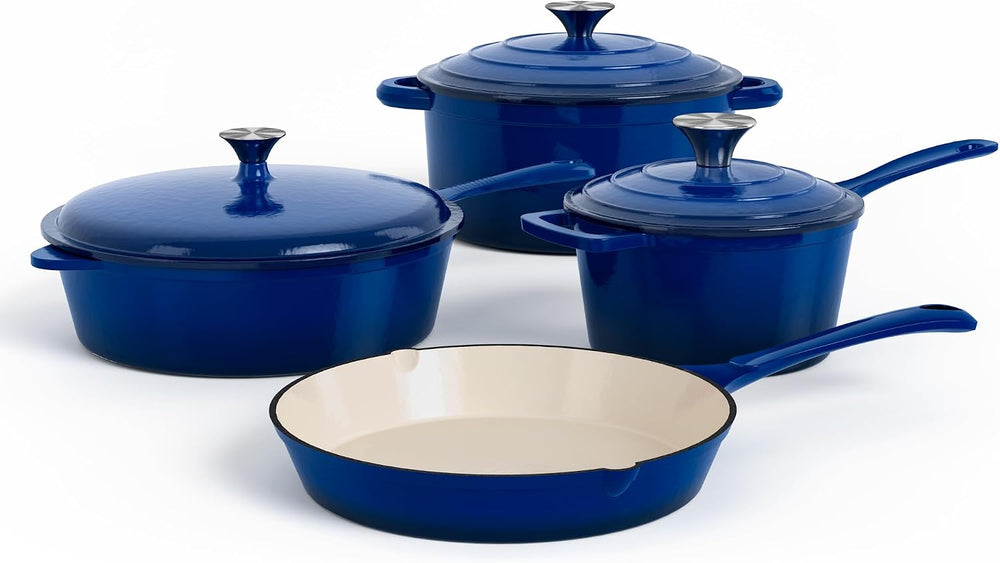 DishDelight 7 Pcs Enameled Cast Iron Pots and Pans Set, Induction Enamel Coated