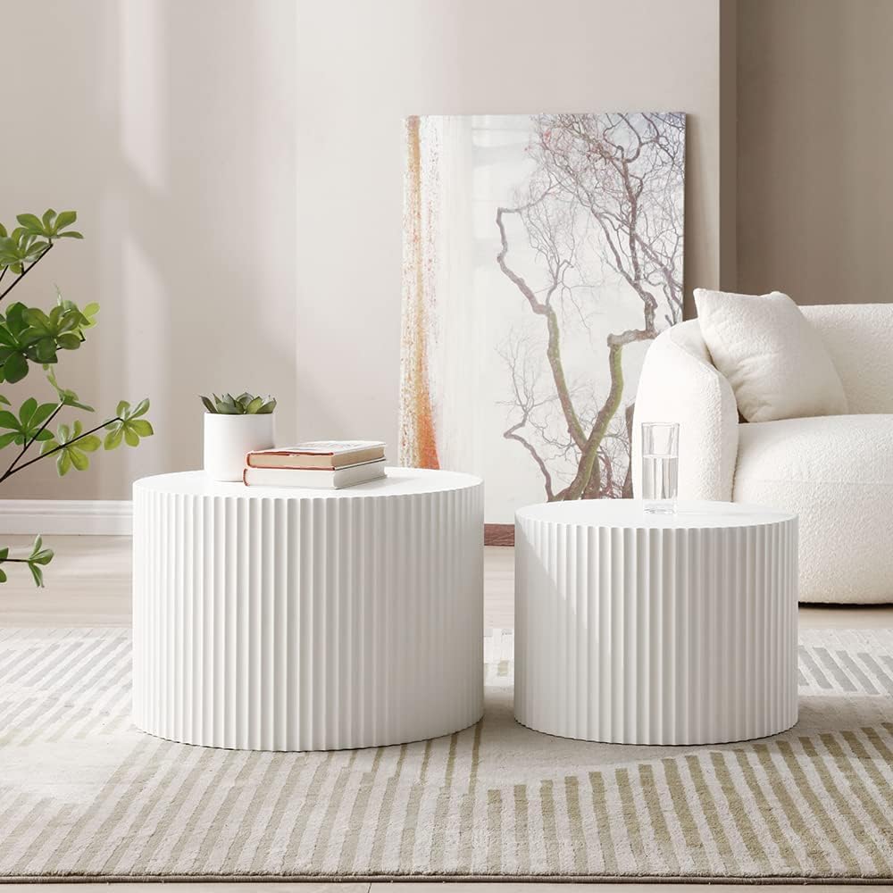 White Round Coffee Table Nesting Coffee Table Set of 2 Contemporary Circle Co...