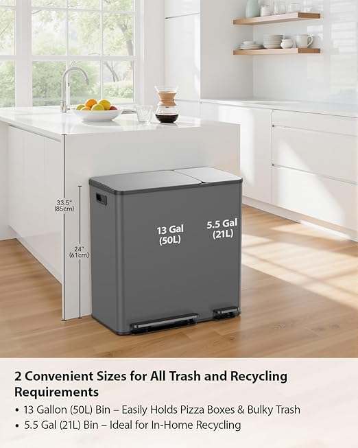 Lovewind Double Trash Can Kitchen, 13+5.5 Gallon Stainless Steel Dual Trash and - Image 2