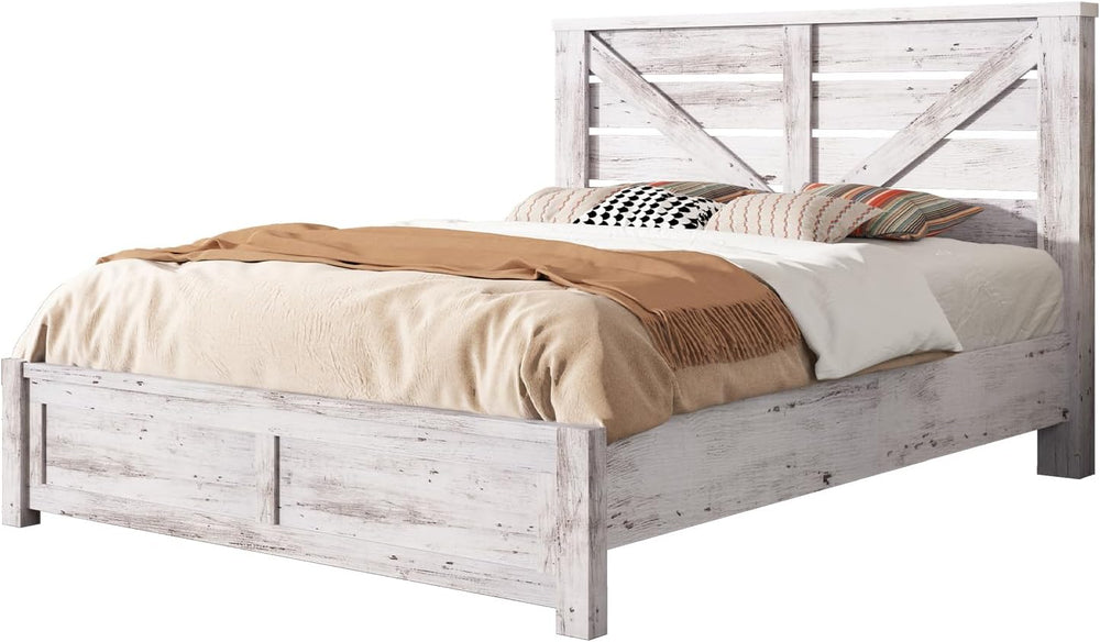 AMERLIFE Farmhouse Full Bed Frame with 49.2" Barn Door Headboard, White