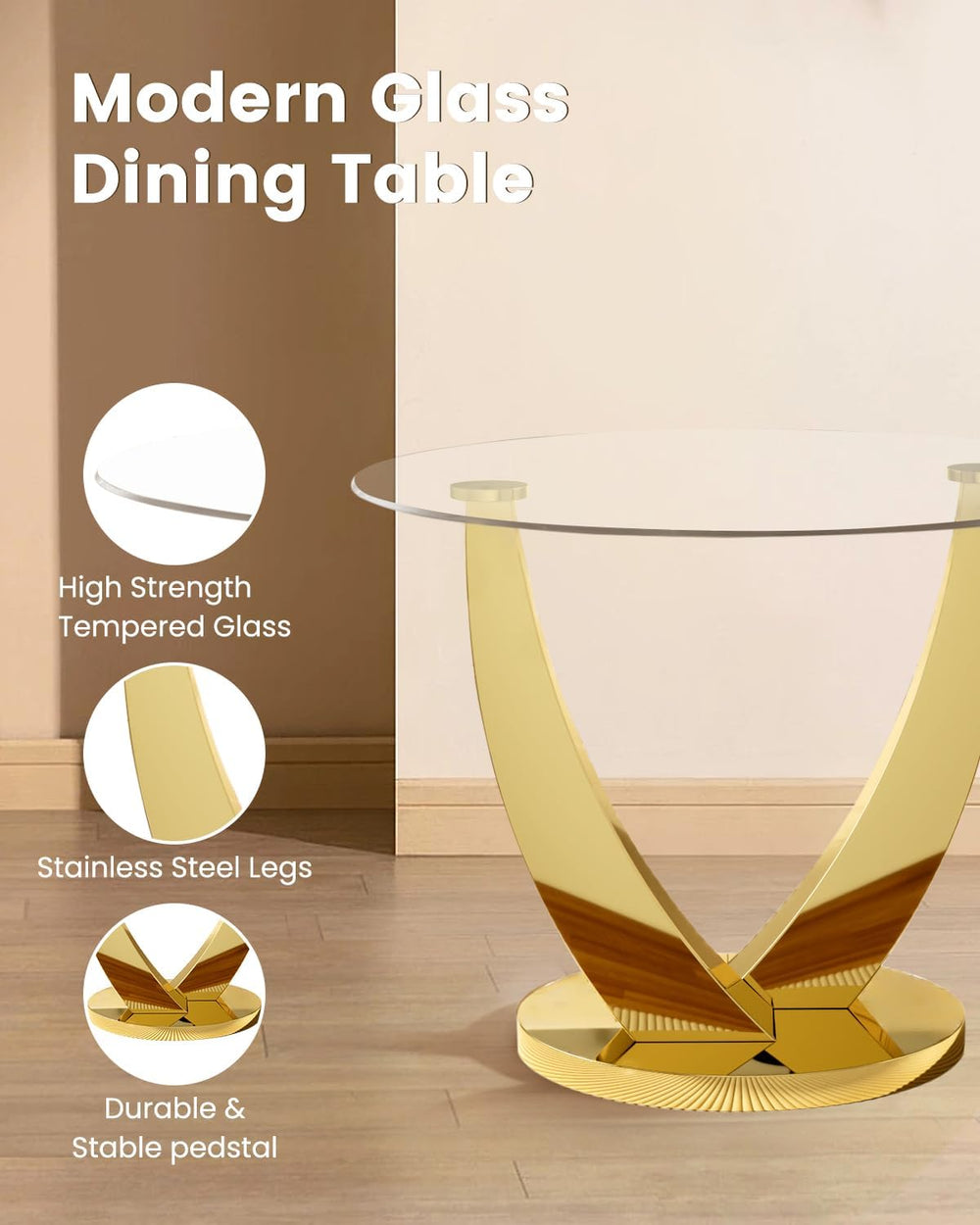 38.9" Round Glass Dining Table Set for 4, Modern Kitchen Table with 4 Up...