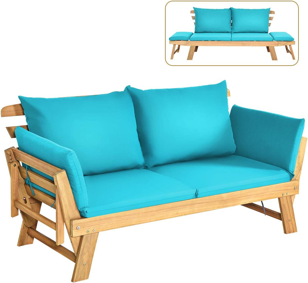 Tangkula Convertible Acacia Wood Patio Sofa Bed with Adjustable Armrest