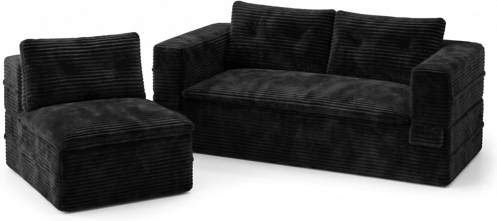 80'' Futon Sofa Bed King Size, Corduroy Boneless Couch Chaise, Black