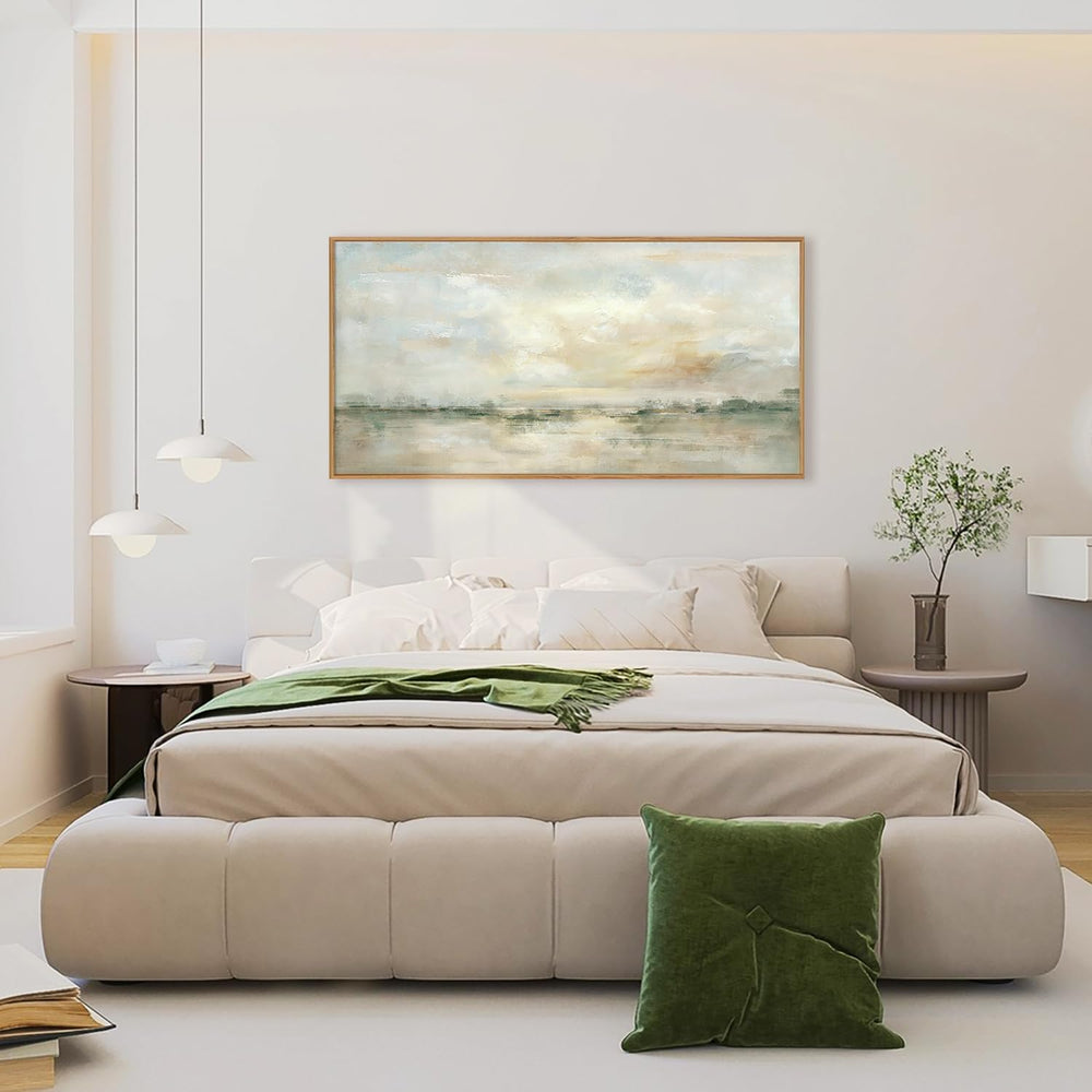 LHIUEM Large Abstract Green Gray Pastel Framed Canvas Wall Art,Neutral Landsc...