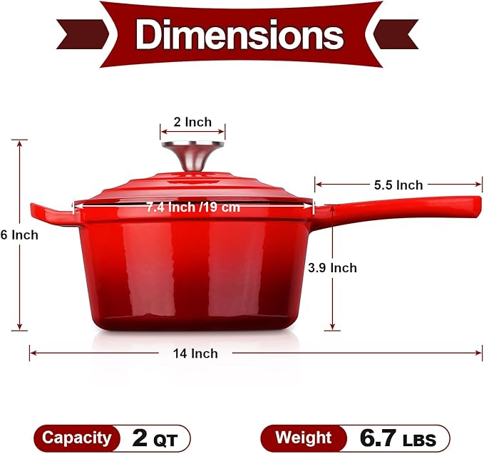 HaSteeL 2 QT Cast Iron Saucepan, Mini Enamel Dutch Oven