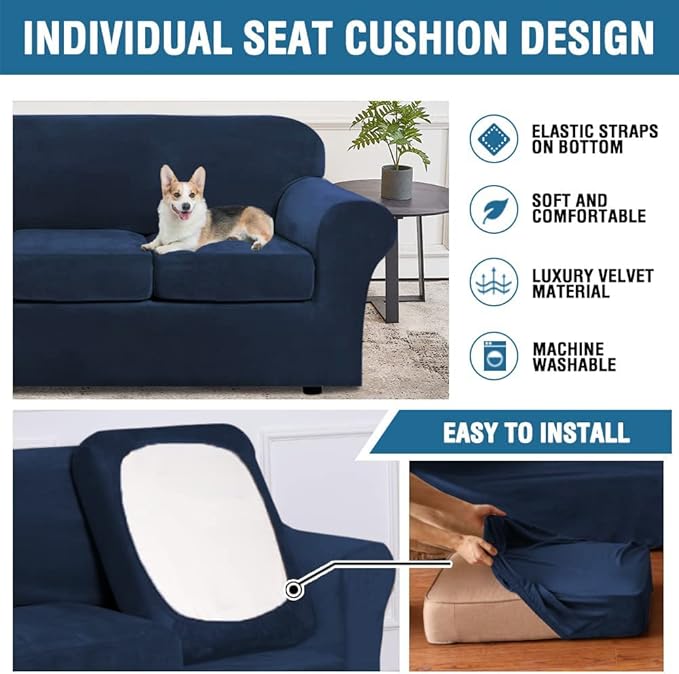 H.VERSAILTEX Modern Velvet Plush 4 Piece High Stretch Sofa Slipcover Sofa Cover - Image 6
