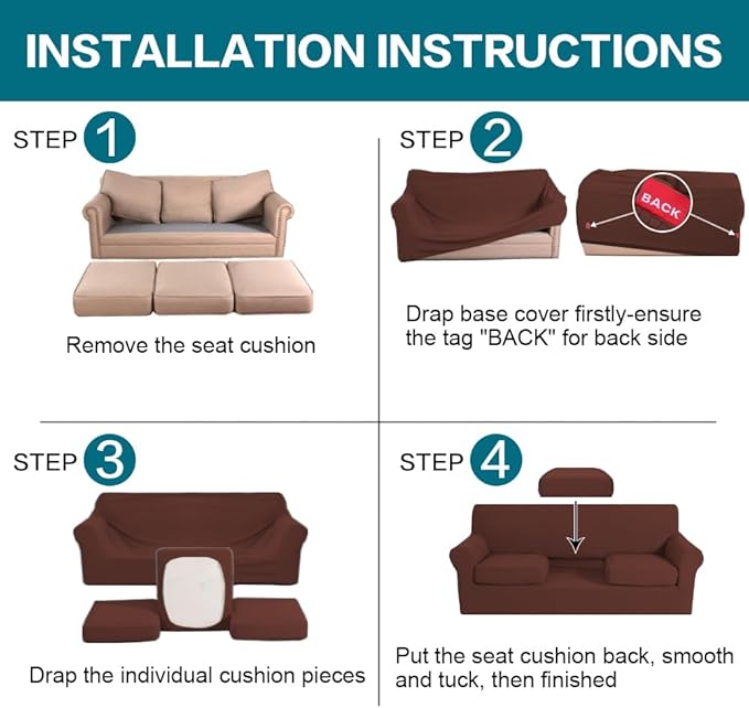 Turquoize 4 Piece Sofa Covers for 3 Cushion Couch Sofa Slipcover Soft Couch - Image 6