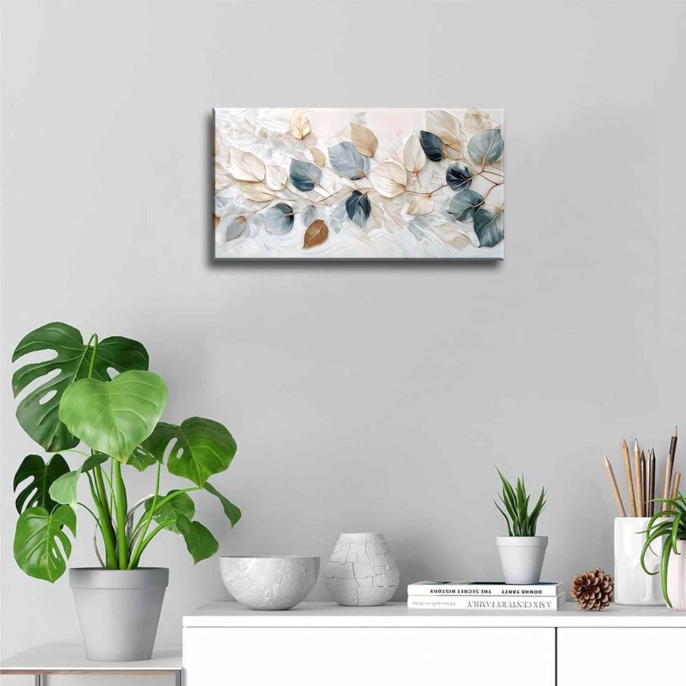 Large Living Eucalyptus Leaf Canvas Wall Art Teal White Botanical Abstract De...