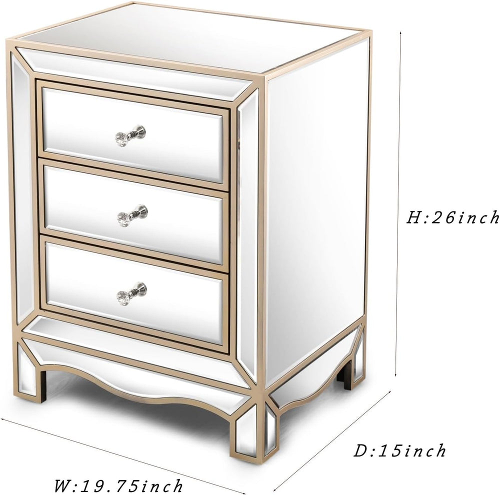 Elegant Mirrored Nightstand Gold Edge Silver End Table with 3 Drawers, Mirror...