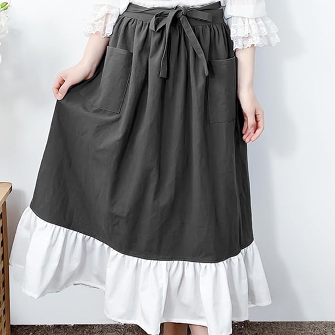 Cotton Linen Half Apron for Women Vintage Waist Apron Ruffle Plain Bright Color - Image 3