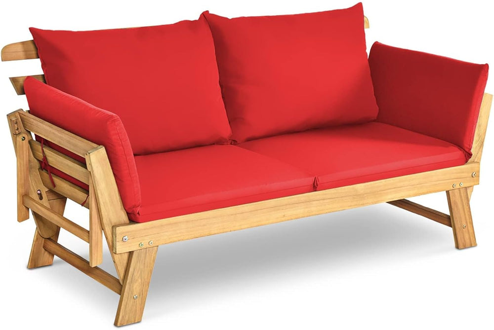 DORTALA Patio Convertible Couch Sofa Bed, Acacia Wood Daybed w/Adjustable Arm...