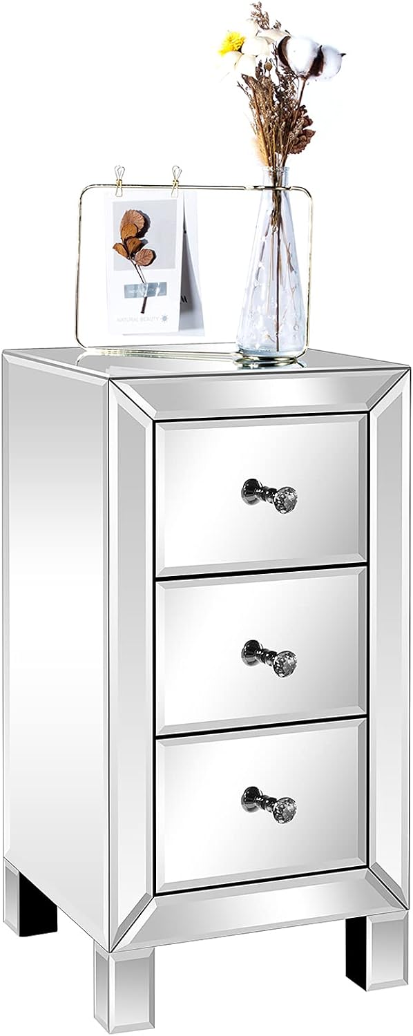 Bonnlo 3-Drawer Mirrored Nightstand End Table Bedside Table for Bedroom, Livi...