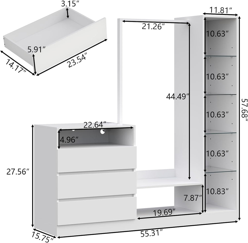 Wardrobe Dresser with Hanging Rack and Drawers, Led Wardrobe Dresser Combo