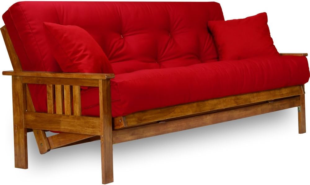 Stanford Futon Set - Full Size, Frame, 8" Mattress, Twill Red Cover
