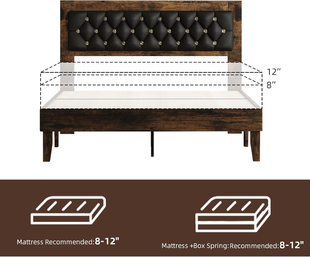Wood Queen Bed Frame with Diamond Tufted Upholstered Headboard, Walnut