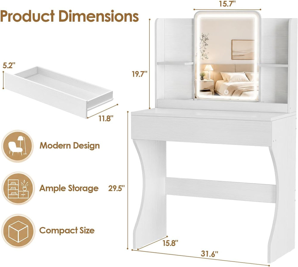 White Small Vanity Desk with Mirror and 3 Adjustable Light Modes | Dimmable L...