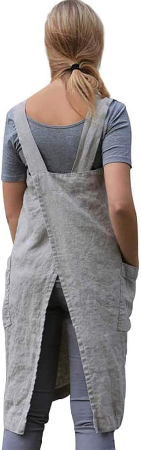 VLZUFE Cotton Linen Apron for women Cross Back Apron Pinafore Dress for Baking - Image 3