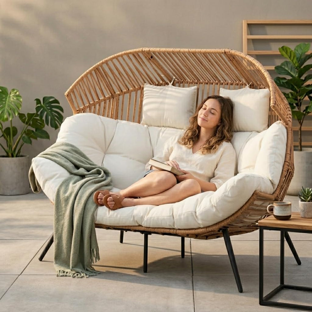 Shintenchi Double Egg Chair Outdoor Rattan Patio Chair with Cushion, Oversize...