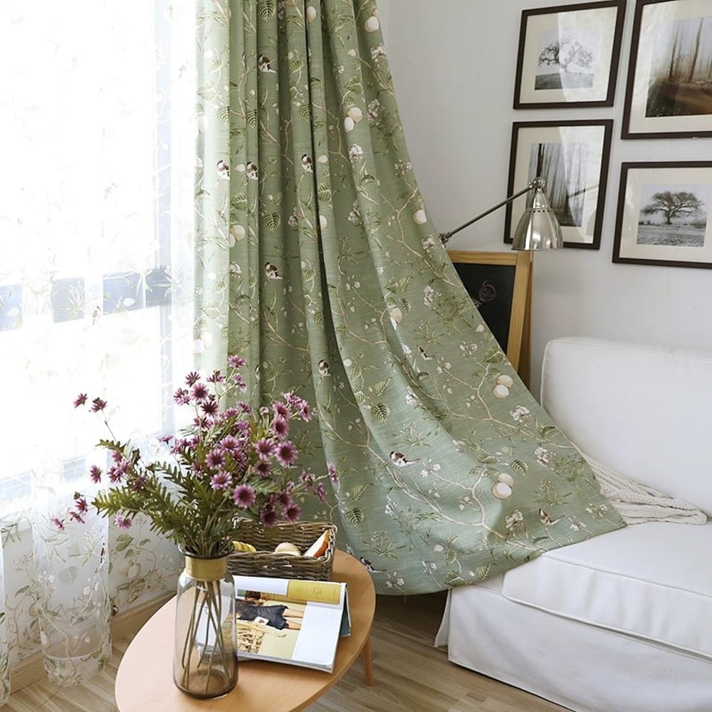 Vintage Bird Curtain Green Floral Print Grommet Linen Blend W55 X L84 Inch