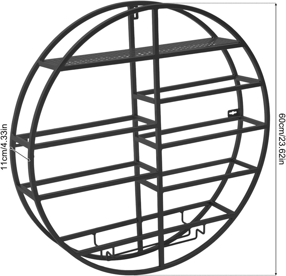 23.6 Inch Wall Mounted Wine Rack w/Glass Holder, Round Iron Wine Shelf, 7 Bot...