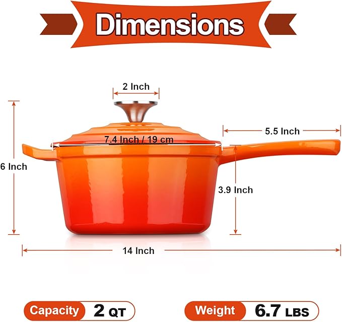 HaSteeL 2 QT Cast Iron Saucepan, Mini Enamel Dutch Oven