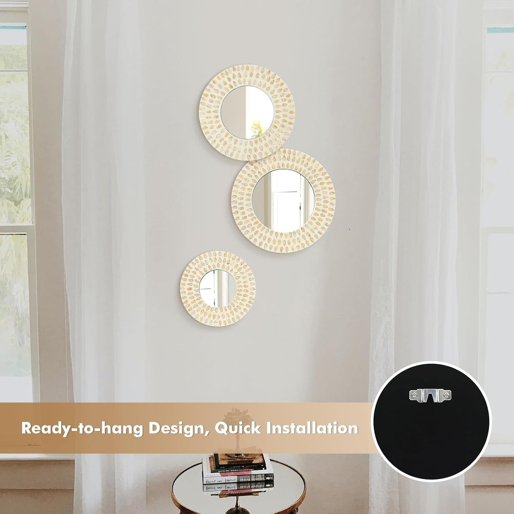 Boho Mirror Wall Decor for Living Room, Natural Mother of Pearl Art