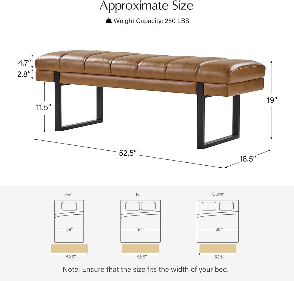 HULALA HOME 53" Faux Leather Tufted Entryway Bench, Camel