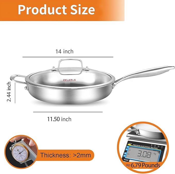 DELARLO Stainless Steel Pan 14-Inch, Large Frying Pan - Image 3
