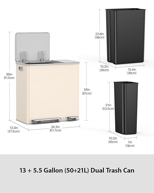 Lovewind Double Trash Can Kitchen, 13+5.5 Gallon Stainless Steel Dual Trash and - Image 7