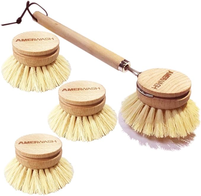AMERWASH PLUS Dish Brush with Wooden Handle, Natural Kitchen Brush by AMERWASHPLUS