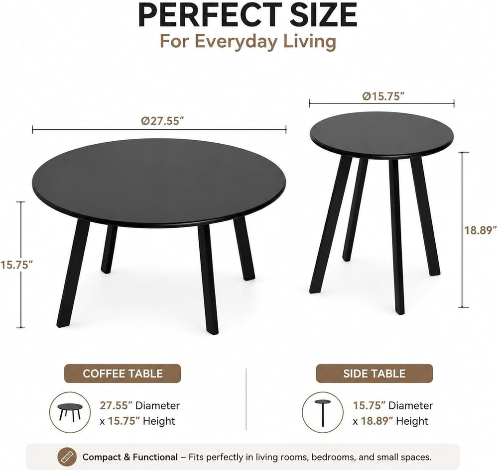 2-Piece Round Nesting Coffee & Side Table Set, Black Metal | Space-Saving...
