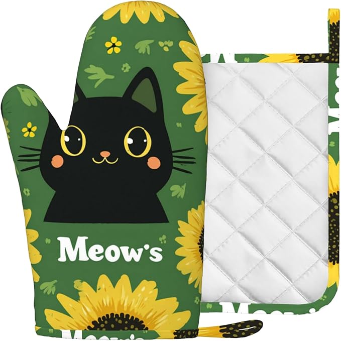 Black Cat Oven Mitts and Pot Holders Sets Cartoon Sunflower Silicone Heat - Image 2